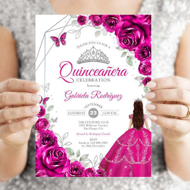 Invitation Robe argent rose fuchsia pour Quinceanera (Créateur téléchargé)