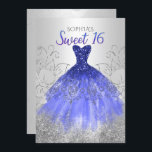 Invitation Robe Argent Royal Bleu Étincelle Douce 16<br><div class="desc">Robe Argent Royal Bleu Étincelle Douce 16 Anniversaire Invitation</div>
