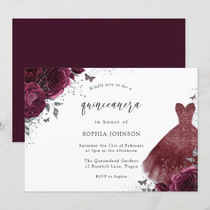 Invitation Robe argentée bordeaux Rose Quinceanera