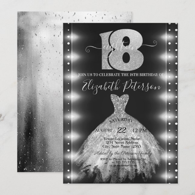 Invitation Robe argentée chic Confetti Lumières 18e anniversa (Devant / Derrière)