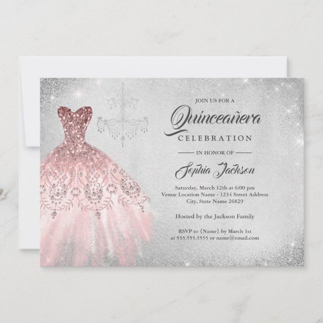 Invitation Robe argentée or rose diamantée en dentelle Quince (Devant)