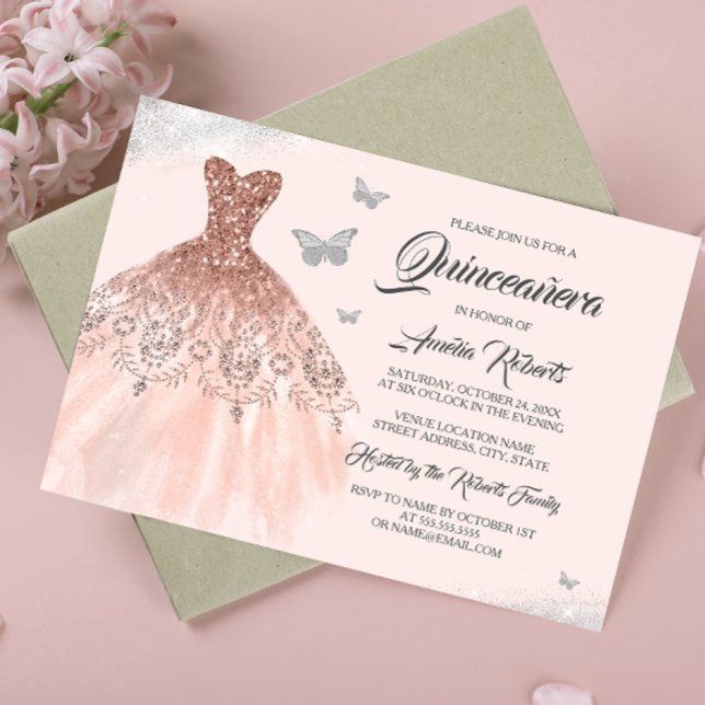 Invitation Robe argentée or rose pailletée Quinceanera (Créateur téléchargé)