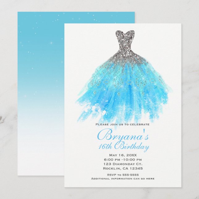 Invitation Robe argentée pailletée bleu aqua, tenue de soirée (Devant / Derrière)