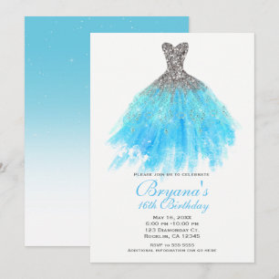 Invitation Robe argentée pailletée bleu aqua, tenue de soirée