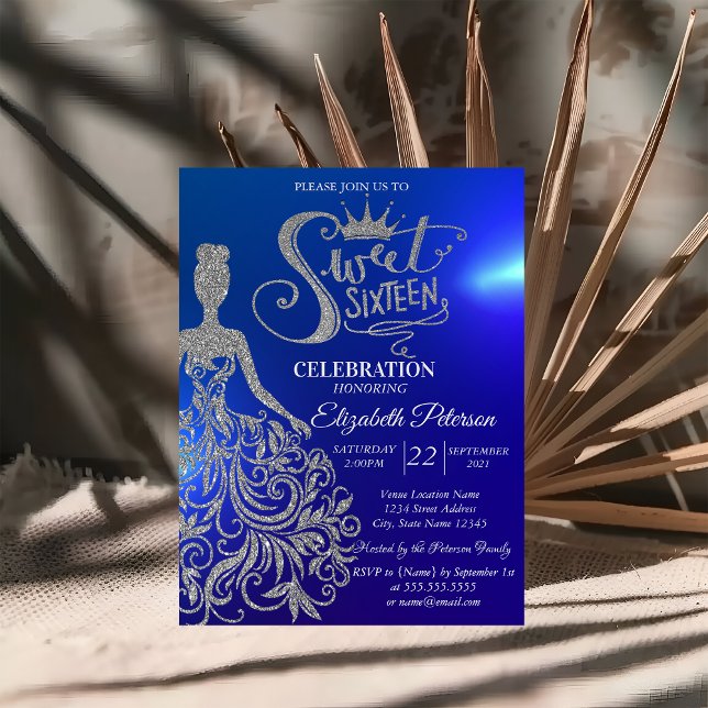 Invitation Robe argentée pailletée, Diamants Bleu Sweet 16 (Créateur téléchargé)