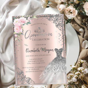 Invitation Robe argentéeCouronne, Fleurs Rose Gold Quinceañer