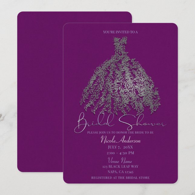 Invitation Robe aux feuilles botaniques argent poureshadowed  (Devant / Derrière)