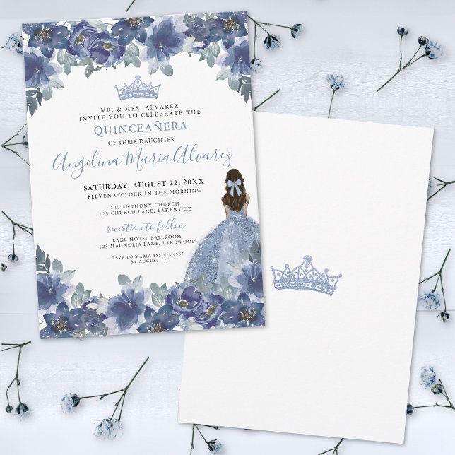 Invitation Robe Bébé Bleu Quinceanera Florale (Elegant Blue Quinceanera Invitation)