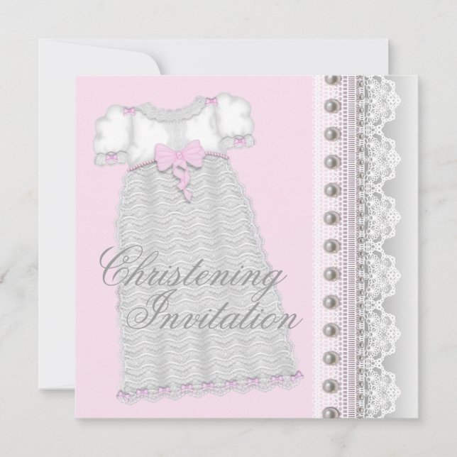 Invitation Robe bébé fille Perles d'Argent Rose Baptême (Devant)