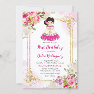 Invitation Robe blanche et rose Fille mexicaine Premier anniv