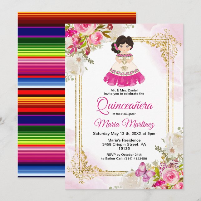 Invitation Robe blanche et rose Mexicaine fille Quinceanera 1 (Devant / Derrière)