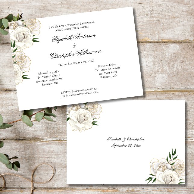 Invitation Robe Blanche Gold Trim Élégante répétition de mari (White Roses Floral Flowers Gold Trim, Wedding Rehearsal Dinner Invitation)