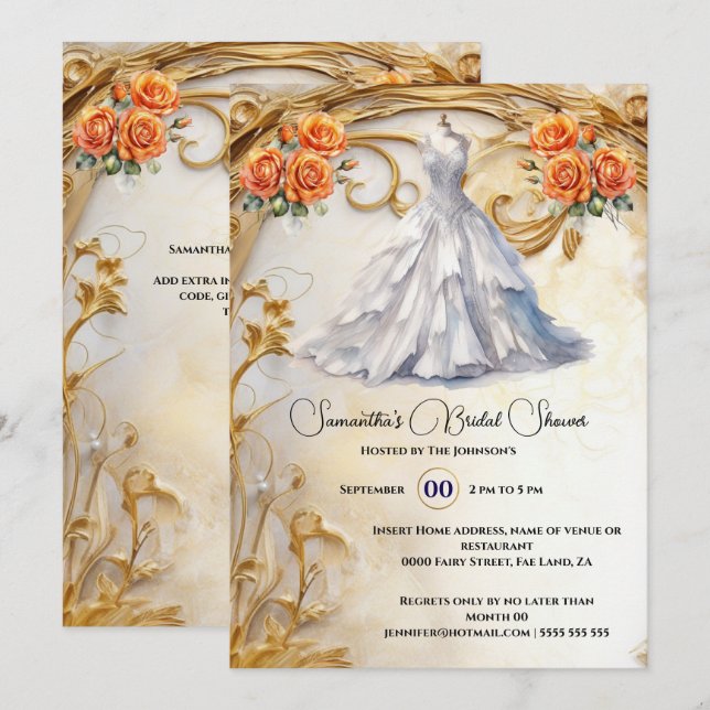 Invitation Robe blanche orange mariée roses fleurs luxueuses (Devant / Derrière)