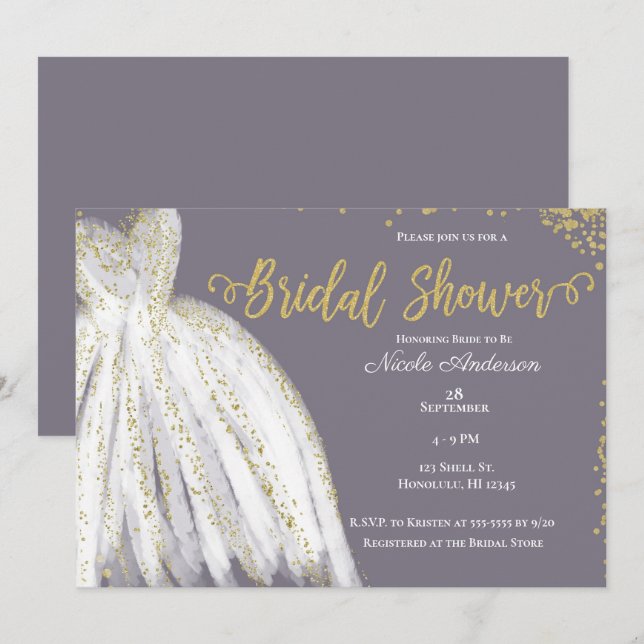 Invitation Robe Blanche Paillettes Dorées Gris Violet Enterre (Devant / Derrière)