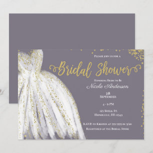 Invitation Robe Blanche Paillettes Dorées Violettes Grises En