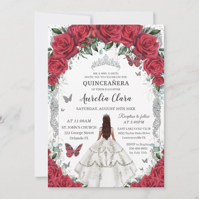 Invitation Robe blanche Quinceañera Roses rouges Roses floral (Devant)
