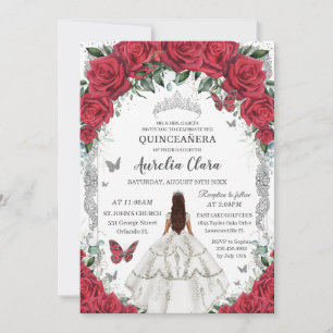 Invitation Robe blanche Quinceañera Roses rouges Roses floral