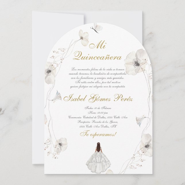 Invitation Robe blanche Quinceanera silhouette espagnole (Devant)