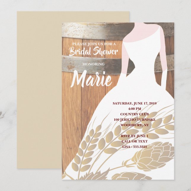 Invitation Robe blanche rustique bric hops keg Fête des marié (Devant / Derrière)