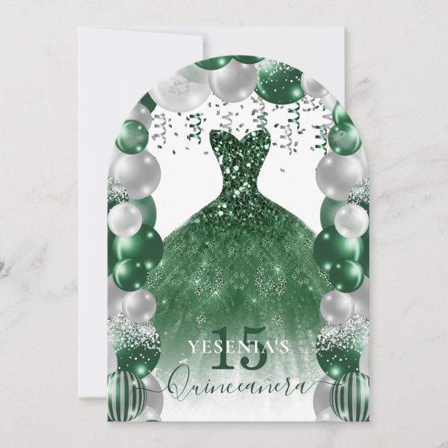 Invitation Robe blanche verte étincelante Quinceañera (Devant)