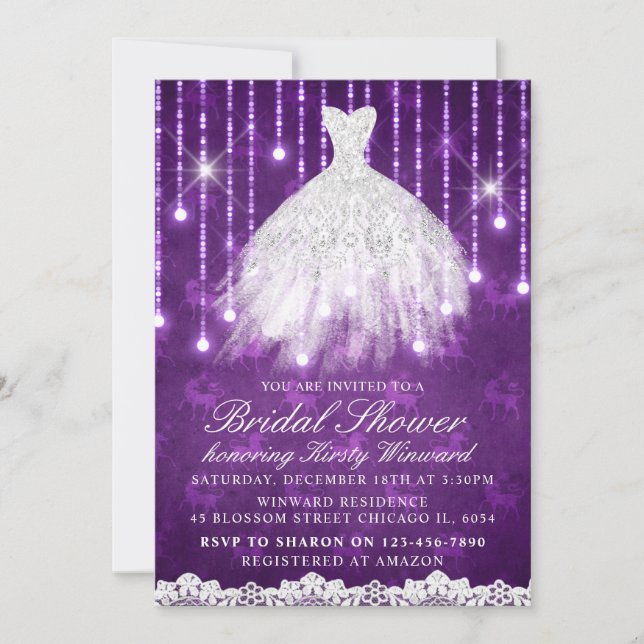 Invitation Robe blanche Violet Fête des mariées glamour (Devant)
