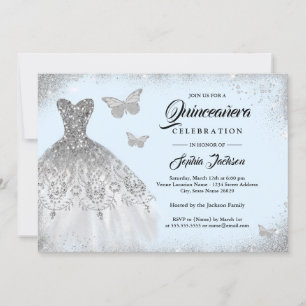 Invitation Robe bleu argenté papillon Quinceanera