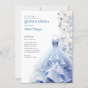 Invitation Robe bleu chic opulente aquarelle fleurs pivoines