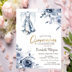 Invitation Robe bleu clair Fleurs Roses Quinceañera