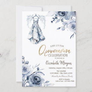 Invitation Robe bleu clair Fleurs Roses Quinceañera