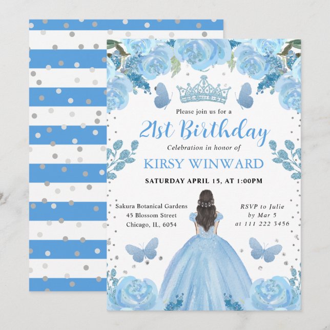 Invitation Robe bleu clair Princesse brune Anniversaire (Devant / Derrière)