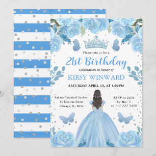 Invitation Robe bleu clair Princesse brune Anniversaire