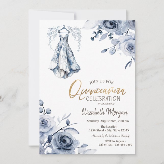 Invitation Robe bleu clair Roses Quinceañera (Devant)