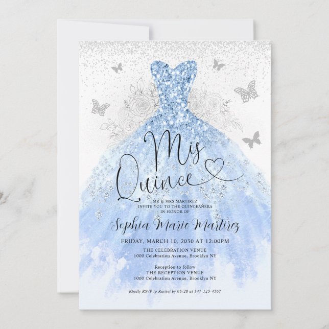 Invitation Robe bleu Dusty Mis Quince Quinceañera (Devant)