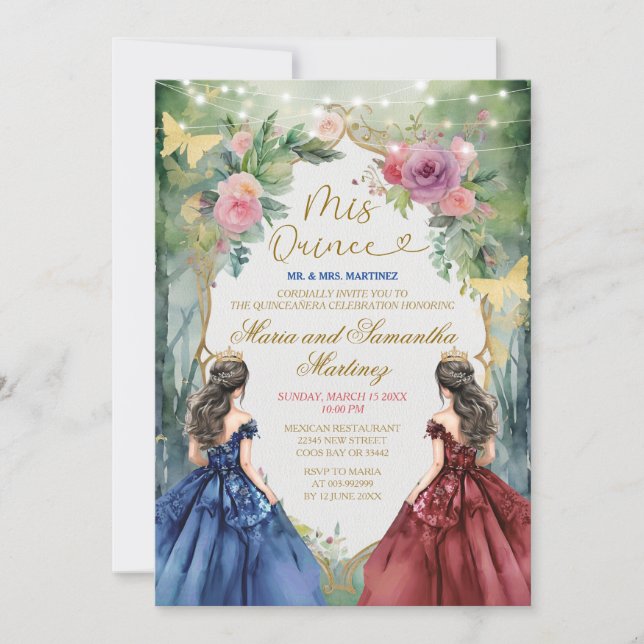 Invitation Robe bleu et rouge Twin Floral Princess Mis Quince (Devant)