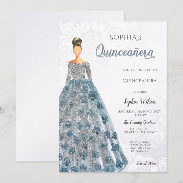 Invitation Robe bleu étincelante en argent Quinceanera (Devant / Derrière)