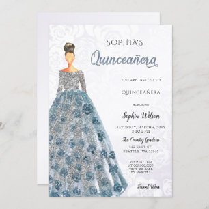 Invitation Robe bleu étincelante en argent Quinceanera