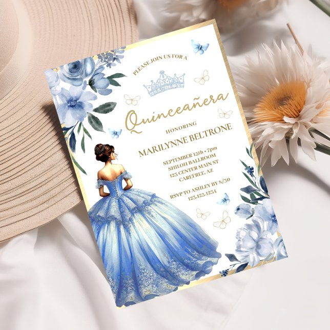 Invitation Robe bleu Floral Papillon Quinceañera (Créateur téléchargé)