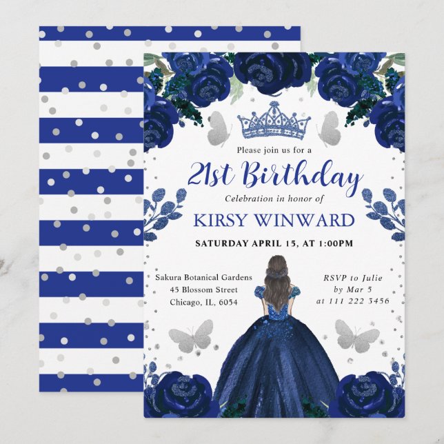 Invitation Robe bleu foncé Princesse brune Anniversaire (Devant / Derrière)