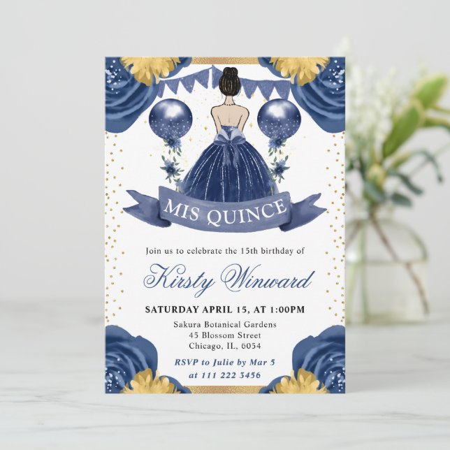 Invitation Robe Bleu Marine Brunette Princesse Quinceanera (Debout devant)