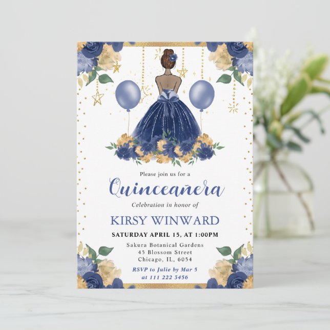 Invitation Robe Bleu Marine Princesse à peau foncée pour Quin (Debout devant)
