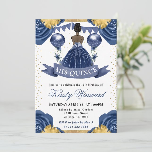 Invitation Robe Bleu Marine Princesse à peau foncée pour Quin (Debout devant)