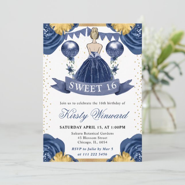 Invitation Robe Bleu Marine Princesse aux Cheveux Blonds Douc (Debout devant)