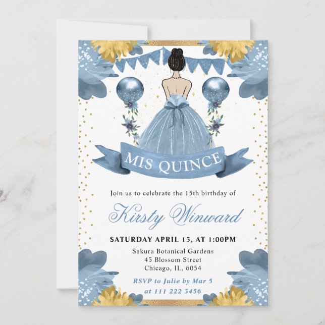 Invitation Robe Bleu Poussiéreux Princesse Brune de Quinceane (Devant)