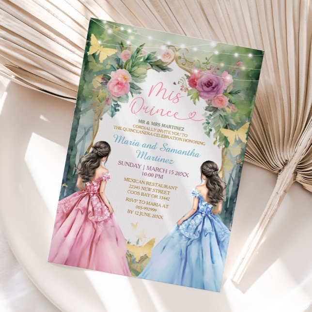 Invitation Robe bleu rose Twin Floral Princess Mis Quince (Créateur téléchargé)