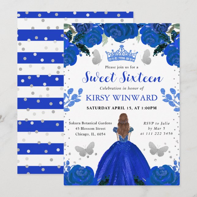 Invitation Robe Bleu Royal Cheveux Rouges Princesse Douze Ans (Devant / Derrière)
