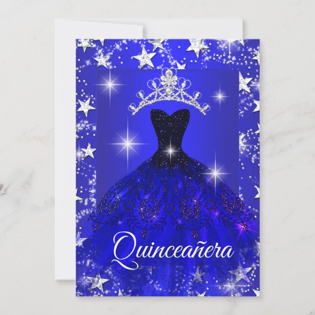Invitation Robe Bleu Royal Couronne de Strass Étoiles Quincea (Devant)