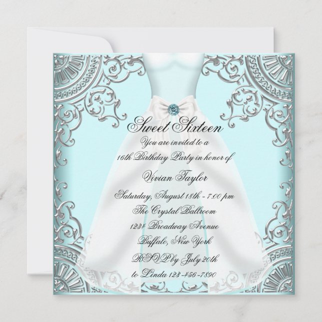 Invitation Robe bleu sarcelle douce fête d'anniversaire 16 an (Devant)