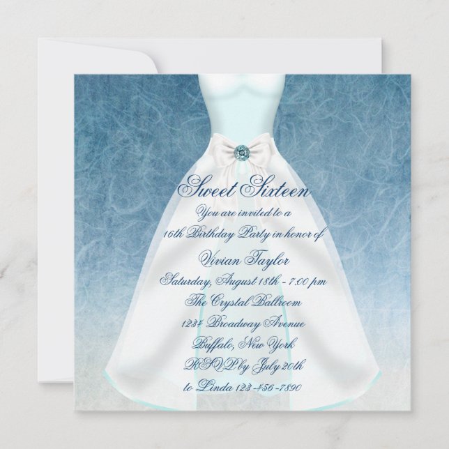 Invitation Robe bleu sarcelle fête de 16 ans (Devant)