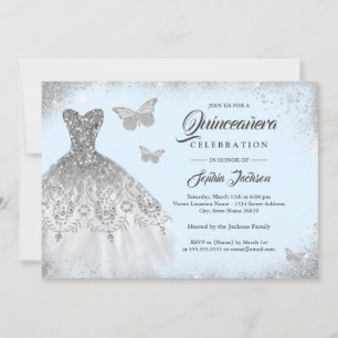 Invitation Robe Bleue Argent Étincelle Papillon Quinceanera D
