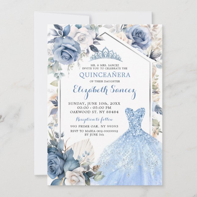Invitation Robe bleue Boho Dusty Princesse Quinceañera (Devant)